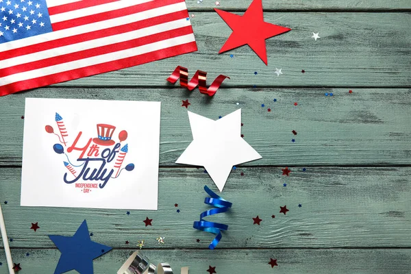 Greeting Card Independence Day Stars Usa Flag Green Wooden Background — Stock Photo, Image