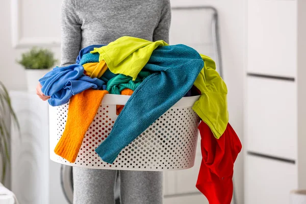 Woman Holding Laundry Basket Dirty Clothes Home — Stock Photo, Image