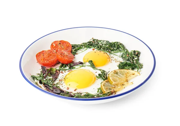 Plate Tasty Fried Eggs Salad White Background — Stock Photo, Image