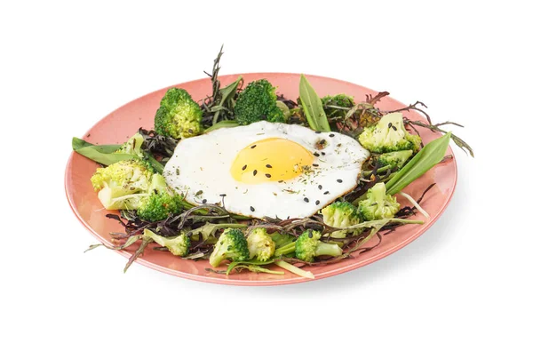 Plate Tasty Fried Egg Salad White Background — Stock Photo, Image