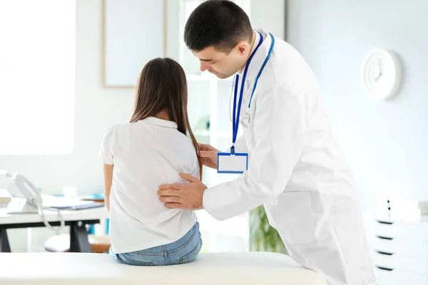 Doctor Checking Posture Little Girl Clinic — Stock Photo, Image