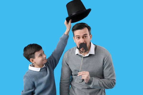 Portrait Father His Little Son Paper Mustache Hat Light Blue — Stock Photo, Image