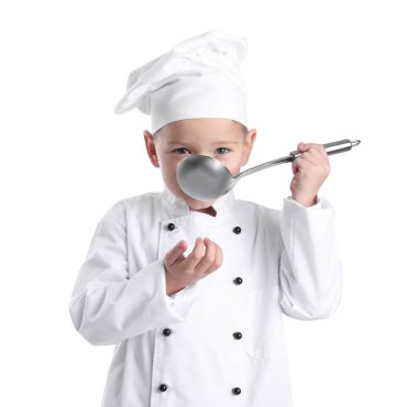 Cute little chef with ladle on white background