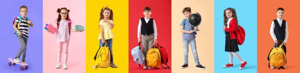 Collage Von Kleinen Schulkindern Auf Farbigem Hintergrund Schulschluss — Stockfoto