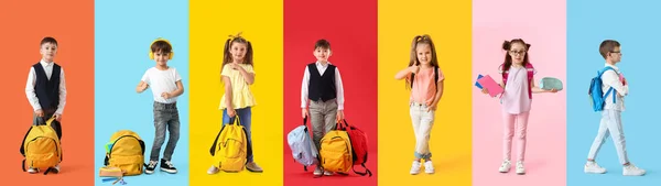 Groep Van Kleine Schoolkinderen Kleur Achtergrond Einde Van School — Stockfoto