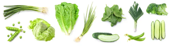 Ensemble Légumes Verts Frais Sur Fond Blanc — Photo