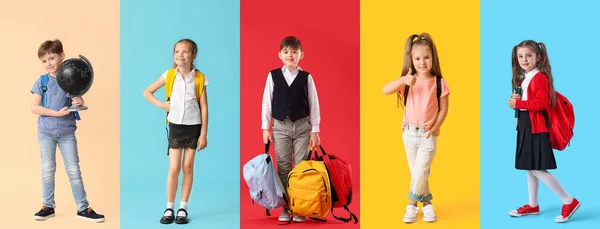 Renkli Arka Planda Bir Grup Küçük Okul Çocuğu Okulun Sonu — Stok fotoğraf