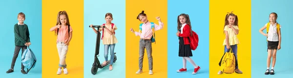 Collage Niños Edad Escolar Sobre Fondos Azules Amarillos Fin Escuela —  Fotos de Stock