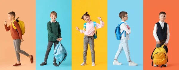 Collage Van Kleine Schoolkinderen Kleur Achtergrond Einde Van School — Stockfoto