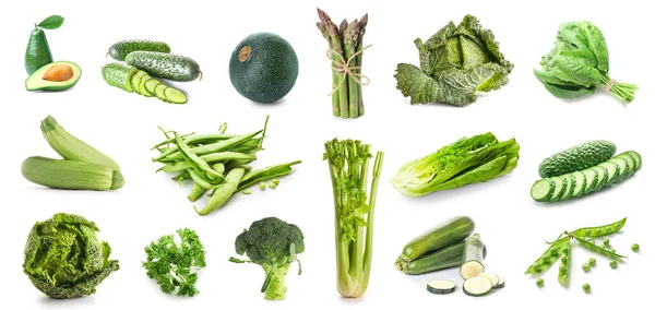 Conjunto Verduras Verdes Frescas Sobre Fondo Blanco — Foto de Stock