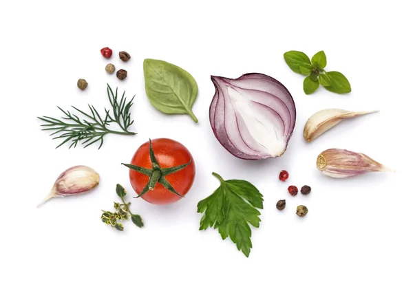 Komposition Mit Gemüse Und Kräutern Auf Weißem Hintergrund — Stockfoto