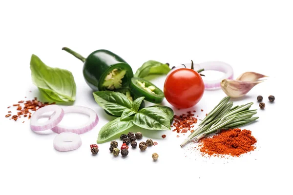 Composition Tasty Vegetables Spices Herbs White Background — Stock Photo, Image