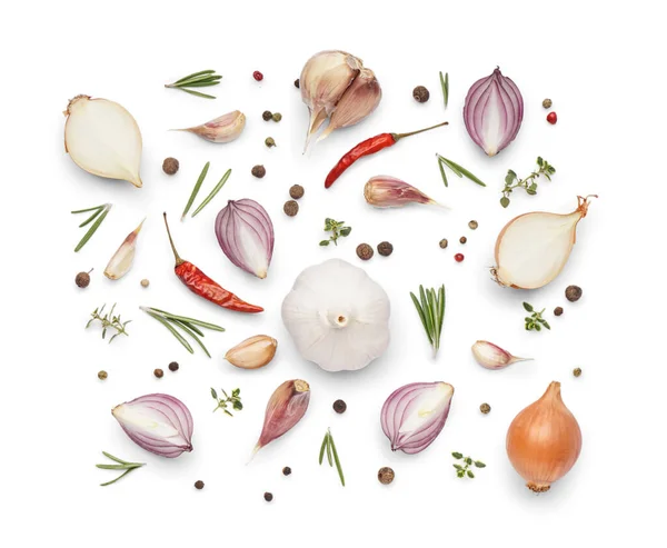 Composition Aromatic Spices Onion White Background — Stock Photo, Image