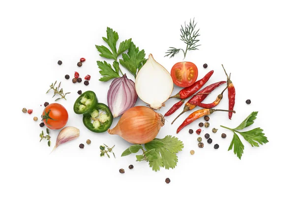 Komposition Mit Frischen Gewürzen Kräutern Und Gemüse Auf Weißem Hintergrund — Stockfoto