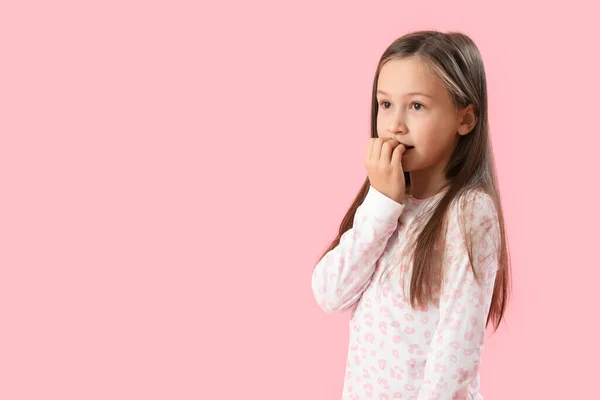 Little Girl Biting Nails Pink Background —  Fotos de Stock