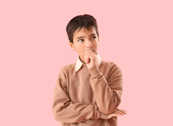 Little Boy Biting Nails Pink Background —  Fotos de Stock