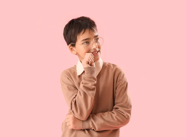 Little Boy Biting Nails Pink Background — Stockfoto