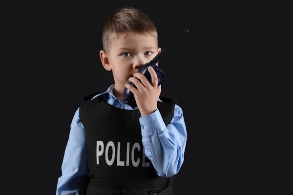 Cute Little Police Officer Radio Transmitter Black Background — Stock Photo, Image