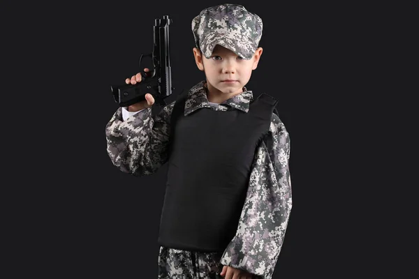 Cute Little Soldier Gun Black Background — Stock Photo, Image