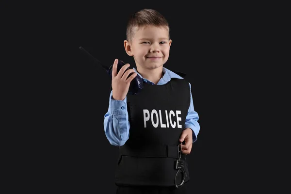 Cute Little Police Officer Radio Transmitter Black Background — Stock Photo, Image