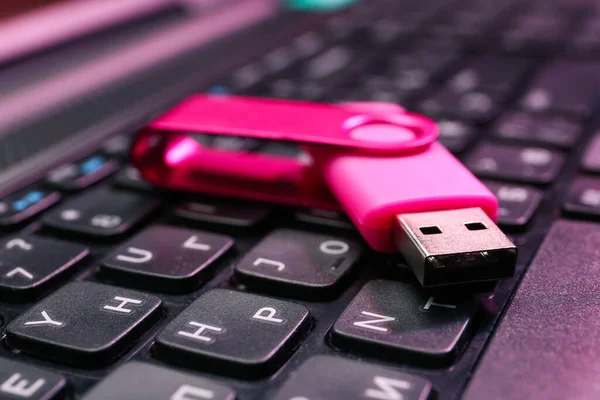 Pink USB flash drive on modern laptop, closeup