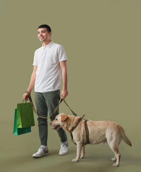 Молодой Человек Сумками Покупок Собака Лабрадор Гуляет Зеленом Фоне — стоковое фото