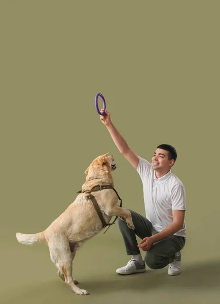 Joven Con Juguete Lindo Perro Labrador Sobre Fondo Verde — Foto de Stock