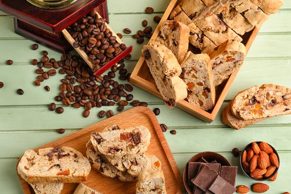 Composition Tasty Biscotti Cookies Almonds Chocolate Coffee Beans Color Wooden — Stock Photo, Image