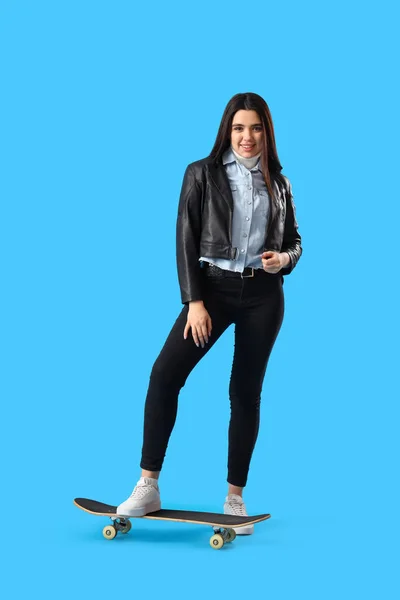 Stylish Young Woman Skateboard Blue Background — Stock Photo, Image