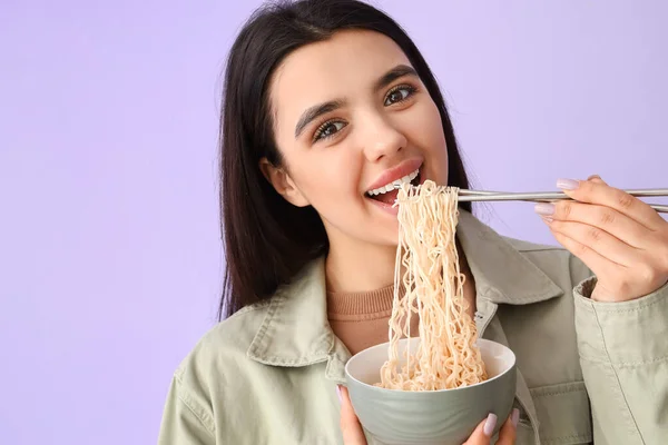 Pretty Woman Bowl Tasty Chinese Food Lilac Background — Stock Photo, Image