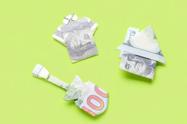 Origami Feito Notas Dólar Sobre Fundo Verde — Fotografia de Stock