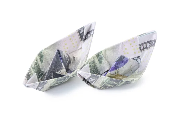 Barcos Origami Hechos Billetes Dólar Sobre Fondo Blanco —  Fotos de Stock