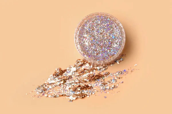 Jar Glitter Beige Background Closeup — Stock Photo, Image