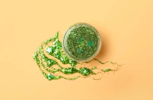 Jar Green Glitter Beige Background Closeup — Stock Photo, Image