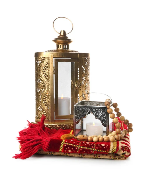 Muslim Lamps Burning Candles Prayer Beads Mat White Background — Stock Photo, Image