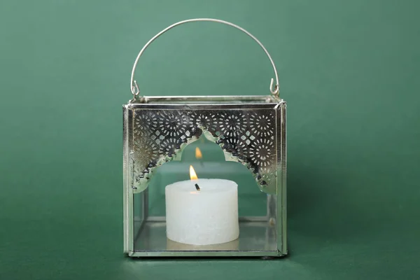 Muslim Lamp Burning Candle Green Background — Stock Photo, Image