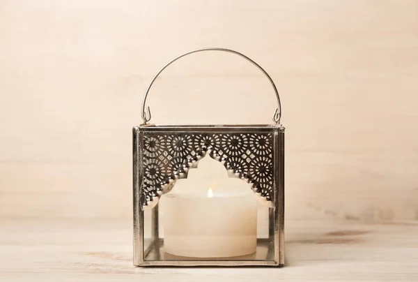 Muslim Lamp Burning Candle Light Wooden Background — Stock Photo, Image
