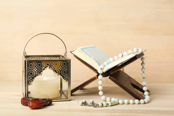 Muslim Lamp Burning Candle Dates Koran Prayer Beads Light Wooden — Stock Photo, Image