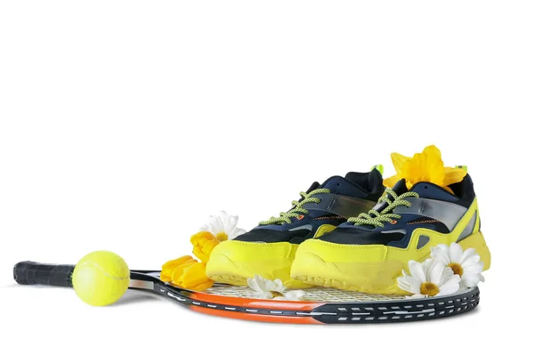 Sneakers Spring Flowers Ball Tennis Racket Table White Background — Stock Photo, Image