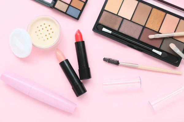Eyeshadows Brushes Powder Lipsticks Pink Background — Stock Photo, Image