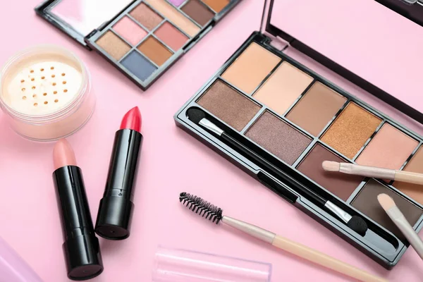 Eyeshadows Brushes Lipsticks Pink Background — Stock Photo, Image