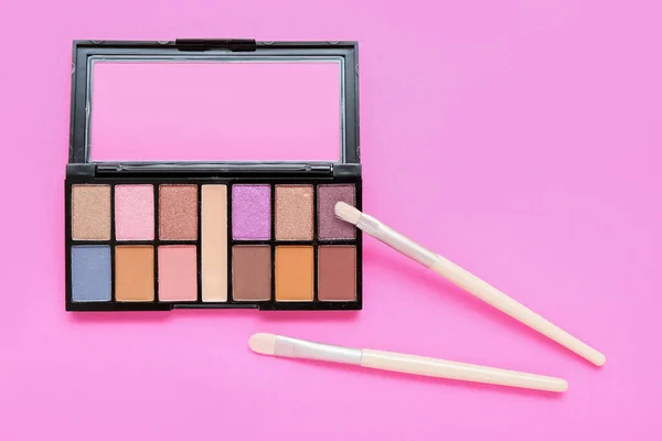Palette Eyeshadows Brushes Pink Background — Stock Photo, Image