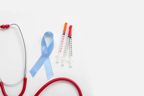 Awareness Ribbon Syringes Stethoscope White Background Diabetes Concept — Stock Photo, Image