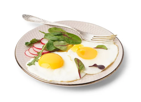 Plate Tasty Fried Eggs Radish Spinach White Background — Stock Photo, Image