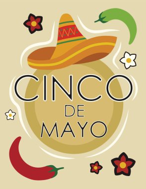 Cinco de Mayo için tebrik kartı (5 Mayıs İspanyolcası) sombrero ve kırmızı biberle kutlanır