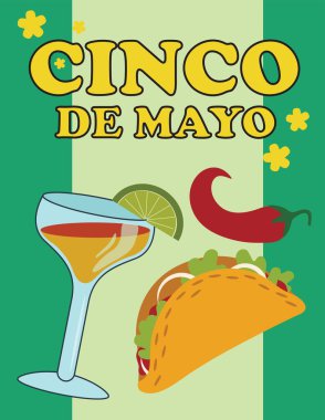 Cinco de Mayo (5 Mayıs İspanyolcası) için tebrik kartı Margarita kokteyli, quesadilla ve kırmızı biber ile kutlanır.