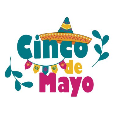 Metin CINCO de MAYO (5 Mayıs için İspanyolca) ve beyaz arkaplanda sombrero 