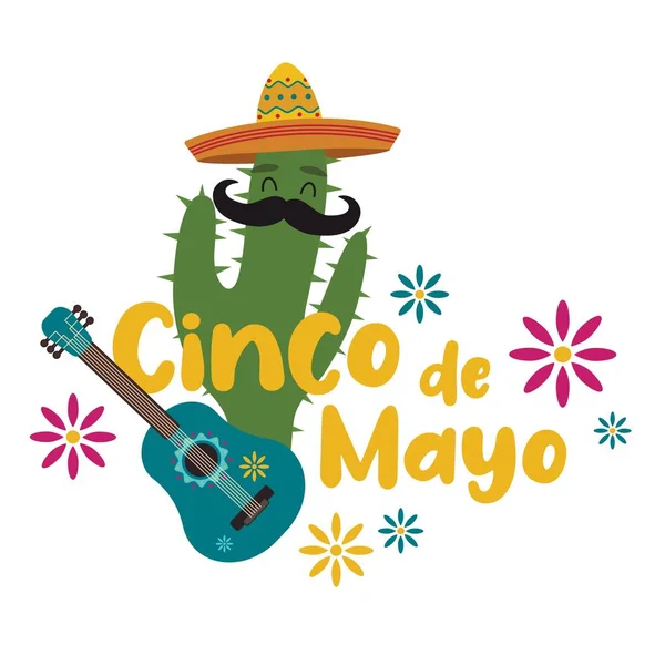 Text Cinco Mayo Spanska För Femte Maj Kaktus Sombrero Och — Stock vektor