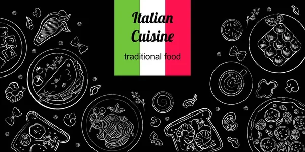 stock vector Banner with traditional Italian dishes on black background 
