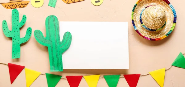 Blank Paper Sombrero Mexican Decor Beige Background — Stock Photo, Image